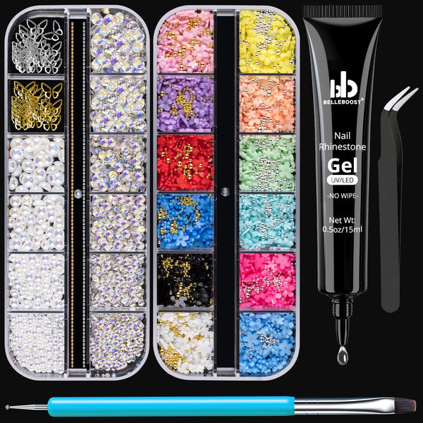 Nail Art Rhinestone Glue Gel & 3D Charms Accessories Kit, Includes 15ml Rhinestone Glue and Dual-End Brush