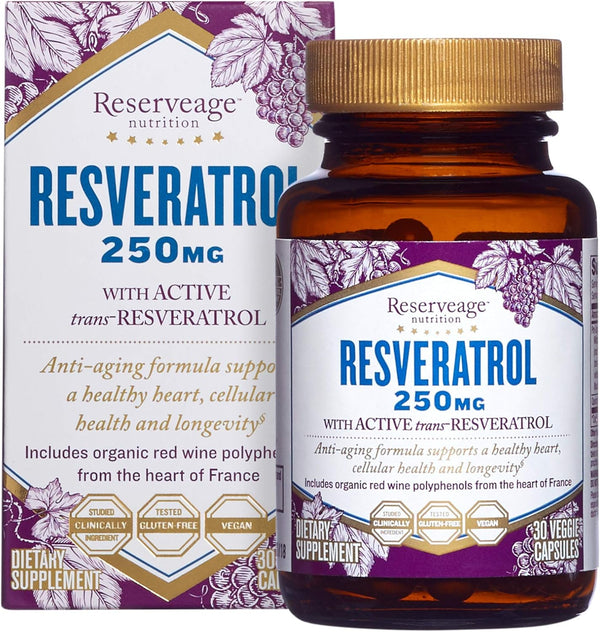 Reserveage Beauty Resveratrol 250 mg, 30 Capsules - Antioxidant for Heart and Cellular Health
