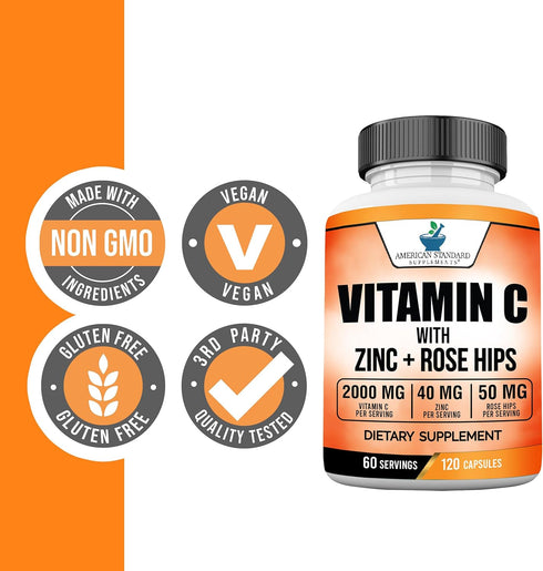 American Standard Supplements Vitamin C 2000mg, Zinc 40mg, Rose HIPS 50mg Per Serving – Vegan, Gluten Free, Non-GMO