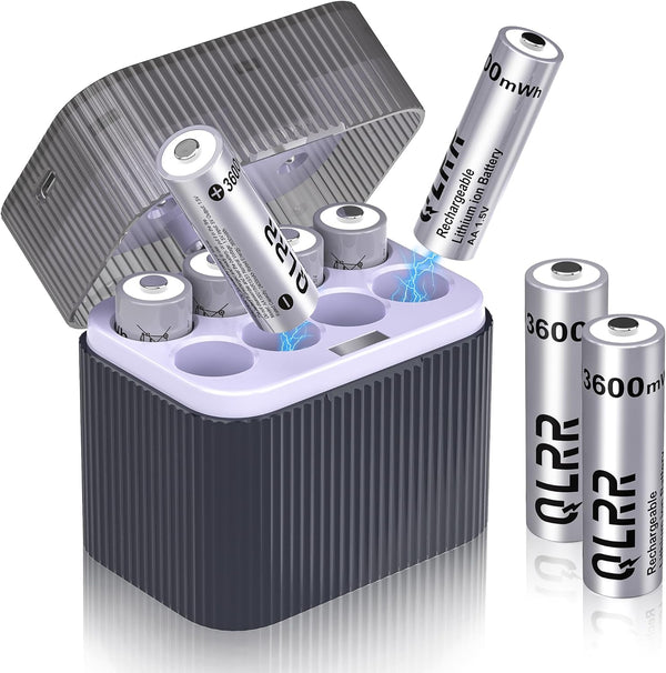 QLRR Rechargeable Lithium AA Batteries with Fast Charger 8 Pack 1.5V 3600mWh High
