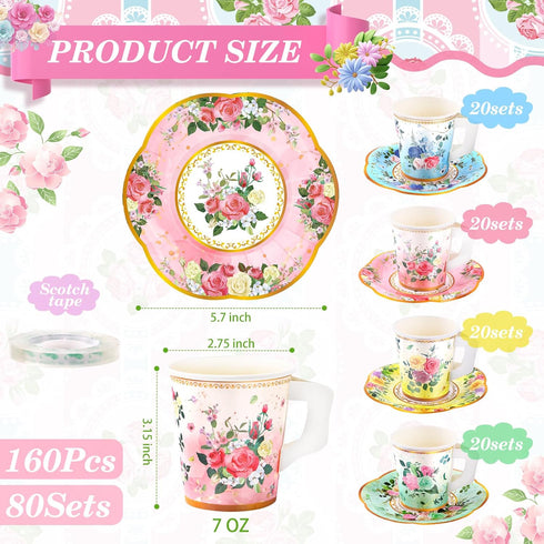 SUMMORO 160 7 OZ Pcs Floral Paper Tea Cups and Saucers Disposable Paper Tea Cups with Handle and Plates for Tea Party