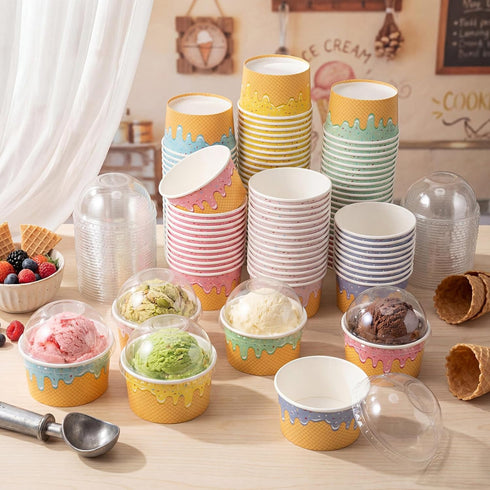 Jingmore 120 Pack 8 oz 5 Summer Ice Cream Paper Cups with Lids Disposable Ice Cream Bowls Paper Treat Dessert Cups