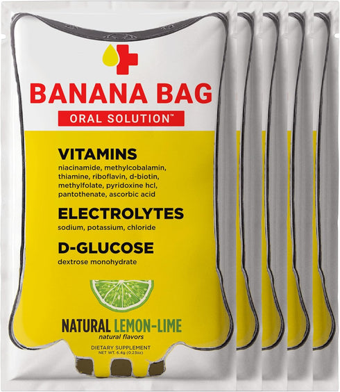 Banana Bag Oral Solution - Hydration Recovery Formula - Electrolyte & Vitamin Powder Drink Mix - Natural Lemon Lime -