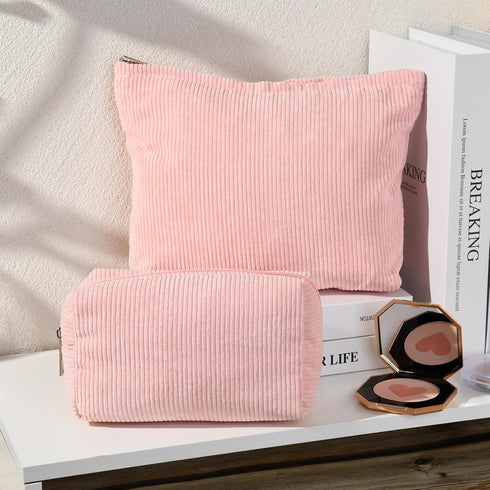 2 Pieces Corduroy Pink Makeup Bag Large Corduroy Cosmetic Bag Capacity Canvas Travel Toiletry Bag Organizer Cute Makeup Brushes Aesthetic Accessories Storage Bag for Women