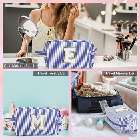 Makeup Bag for Women, Monogram Cute Initial Blue Cosmetic Toiletry Pouch, Personalized Birthday Gifts