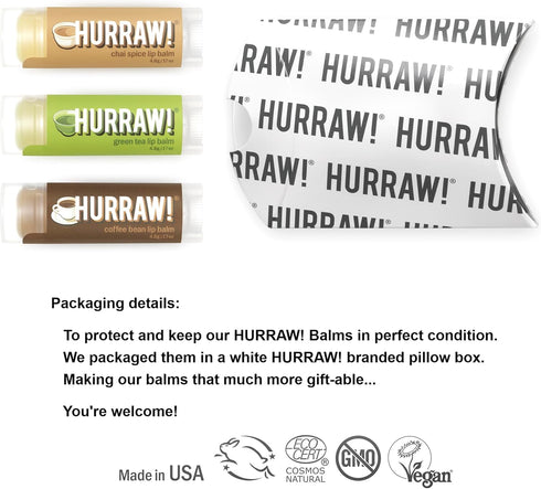 Hurraw! Organic Chai Spice, Green Tea, Coffee Bean Lip Balms, 3 Pack Bundle, Vegan & Cruelty Free