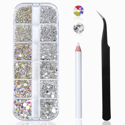 HUETFAT Nail Art Rhinestones Kit 2400pcs Flatback Gems Stones with Storage Organizer Box, Wax Pencil, Tweezers, 6 Sizes