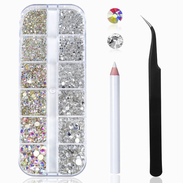 HUETFAT Nail Art Rhinestones Kit 2400pcs Flatback Gems Stones with Storage Organizer Box, Wax Pencil, Tweezers, 6 Sizes