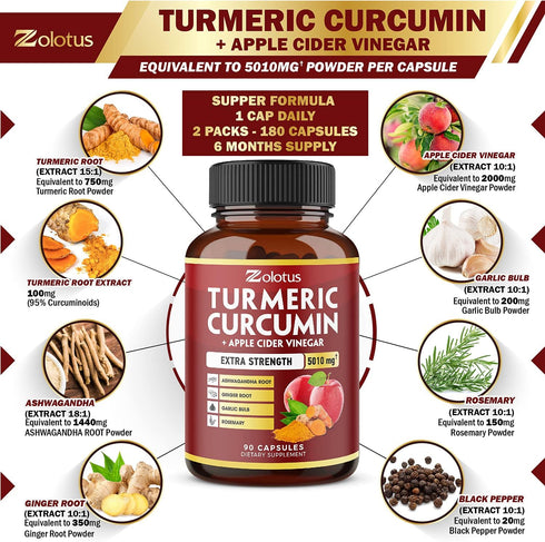 2packs 90 Capsules Turmeric Curcumin + Apple Cinder Vinegar Capsules, Equivalent to 5010mg, 6 Month Supply with Ashwagandha, Ginger, 95% Standardized Curcuminoids, Joint & Absorption Support