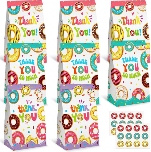 VGOODALL 24PCS Donut Party Favor Bags, Paper Gift Bags with Stickers for Kids Birthday Party Goodie Bags