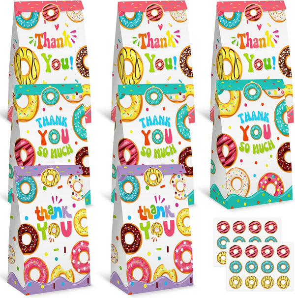 VGOODALL 24PCS Donut Party Favor Bags, Paper Gift Bags with Stickers for Kids Birthday Party Goodie Bags