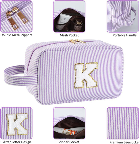 Personalized Initial Makeup Bag A-Z, Monogram Travel Toiletry Bag, Cute Cosmetic Pouch for Women Teen Girls (Purple, V)