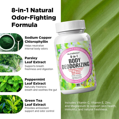 NutraPep Body Deodorizing Supplement - Odor Eliminator & Internal Deodorant Pills for Fresh Breath Skin Health & Detox