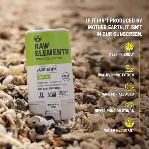Raw Elements Face All-Natural Mineral Sunscreen Stick, 0.5 oz - Non-Nano Zinc Oxide, SPF 30+, Reef Safe