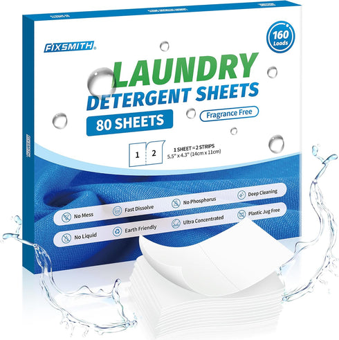 FIXSMITH Laundry Detergent Sheets - 160 Loads (80 Sheets) Hypoallergenic, Eco-Friendly Travel Detergent Strips