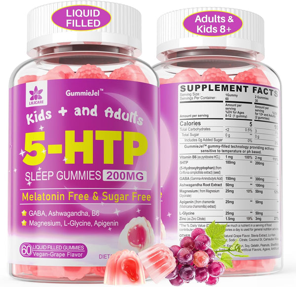 5HTP Gummies for Adults & Kids 8+ with GABA + Magnesium Glycinate - 5-HTP 200MG Supplement for Sleep Regulation, 60 Cts