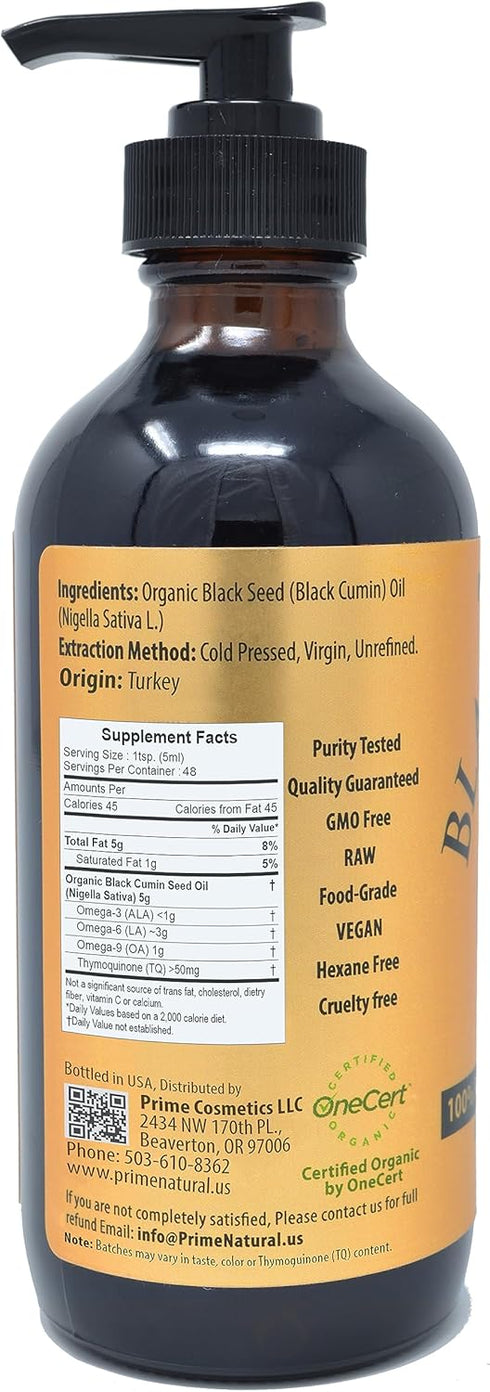 Organic Black Seed Oil 8oz, Cold Pressed Unrefined, High Thymoquinone 1.7%, USDA Certified, Vegan Omega 3 6 9