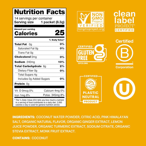 Cure Hydration Plant-Based Electrolyte Drink Mix, No Added Sugar, Coconut Water Powder, Vegan, 14 Packets - Ginger