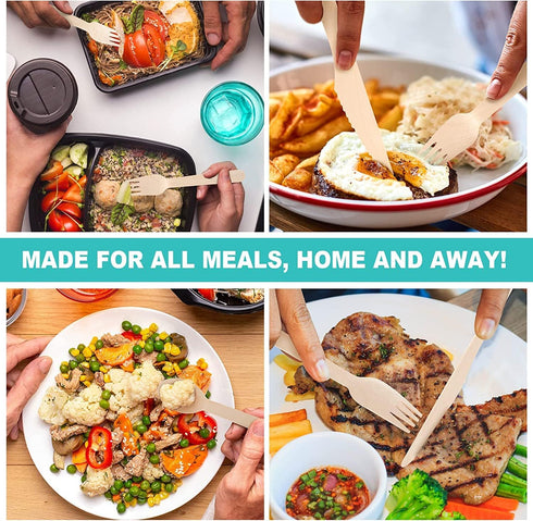 (500 Count) 100% Compostable Wooden Cutlery Set - 200 Wood Spoons, 200 Forks, 100 Knives, Eco-Friendly Disposable