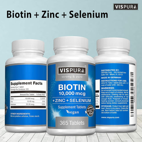 Biotin 10000 mcg + Zinc + Selenium, Vegan & Extra Strong Supplement for Hair Growth, 365 Tablets