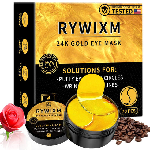 24K Gold Eye Masks for Dark Circles & Puffiness - 70PCS Under Eye Patches with Caffeine, Hyaluronic Acid, Peptides