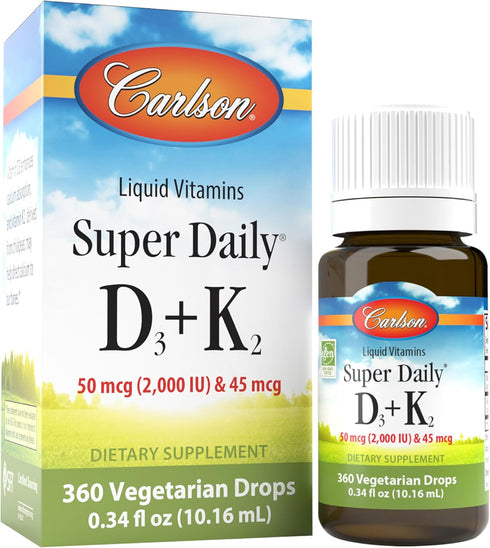 Carlson Super Daily D3 + K2, 50 mcg D3 + 45 mcg MK-7 for Heart & Bone Health, 360 Liquid Drops, 10.16 ml