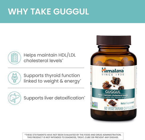 Himalaya Guggul, Cholesterol Supplement for Healthy LDL, HDL, and Triglyceride Levels, 750 mg, 60 Vegetarian Capsules,
