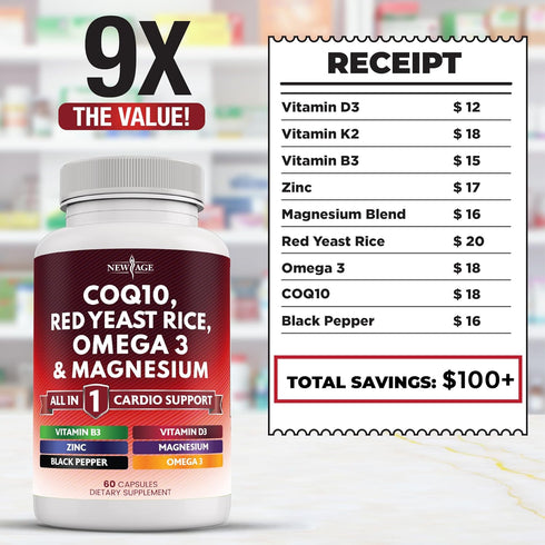 COQ10 200mg Red Yeast Rice 3000mg - Omega 3-6-9 3000mg, Magnesium Complex 500mg, Niacin, Zinc, Vitamin K2 D3 - Heart