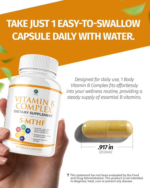 1 Body Vitamin B Complex, High Potency Methylated B12 & 5-MTHF Folate for Energy & Brain Support, 60 Capsules