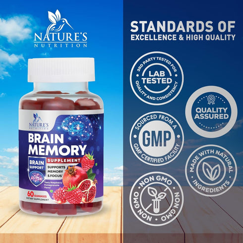 Brain Supplement Gummies for Memory & Focus Support - 60 Vegan Gummies with B6 B12, Phosphatidylserine, Nootropics