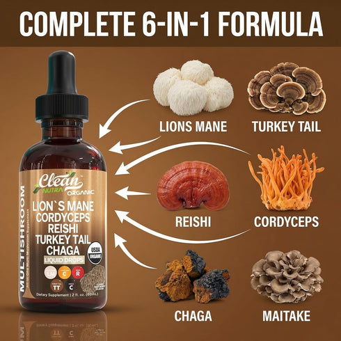Mushroom Supplement Liquid Drops with Lions Mane Turkey Tail Cordyceps Reishi Chaga Shitake Maitake Tremella Oyster