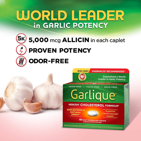 Garlique Garlic Extract Supplement, 60 Caplets, Healthy Cholesterol Formula, Odorless & Vegan-Friendly