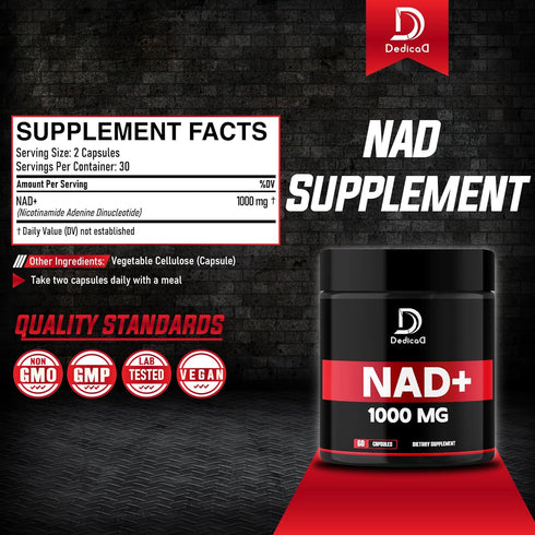 NAD+ Supplement 1000 mg - Pure NAD Supplement - Energy and DNA Repair, Aging Defense, Brain Function - 60 Capsules