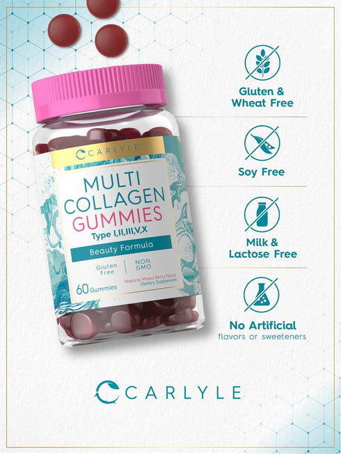 Carlyle Collagen Gummies, 60 Count Multi Collagen Complex Supplement, Mixed Berry Flavor, Non-GMO, Gluten Free