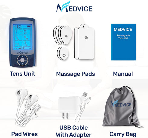 MEDVICE Rechargeable Tens Unit Muscle Stimulator - 16 Modes & 8 Pads for Pain Relief, FDA Cleared