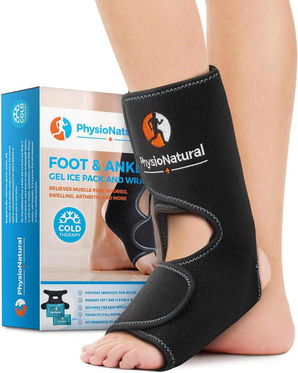 PhysioNatural Foot & Ankle Ice Wrap with 2 Cold Gel Packs for Sprained Ankle, Achilles Tendon Injuries