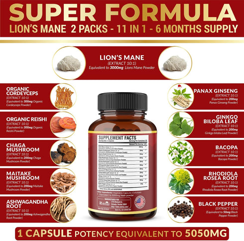 5X Potency 2 Packs 90 Capsules Lions Mane Mushroom Supplement, 5050mg, 6 Month Supply with Cordeyceps, Reishi, Ashwagandha, Focus, Memory and Brain Support Supplement, Immune Support, Energy Pills