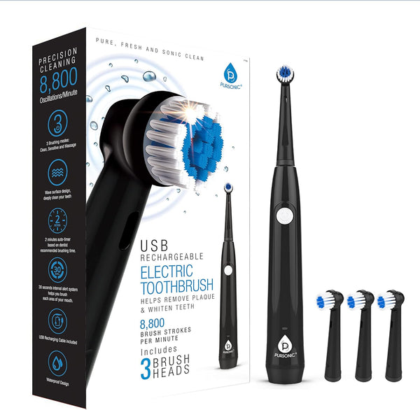 Pursonic Rotary Toothbrush, USB Rechargeable Electric Toothbrush with 3 Brush Heads and 8,800 Oscillations/Minute