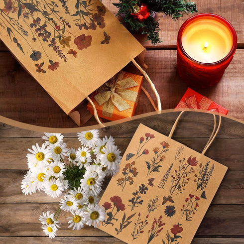 Kolldenn 24 8 3.9 9 6 Pcs Vintage Floral Wildflower Gift Bags Flower Kraft Paper Printed Candy Goodie Bags with Handles