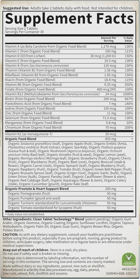 Garden of Life Organics Whole Food Multivitamin for Men 40+, 60 Tablets, Vegan Certified Organic