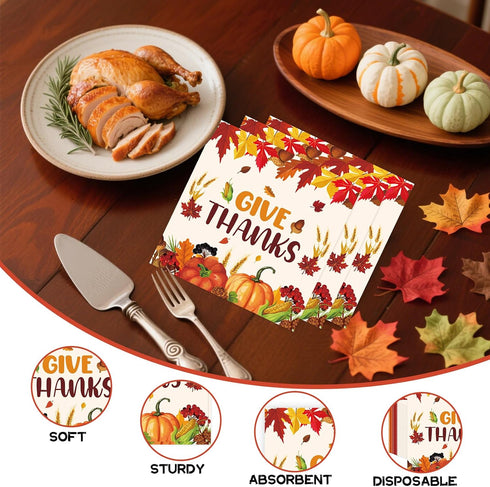 HiEnjoin 50Pcs Thanksgiving Fall Paper Napkins, Disposable Pumpkin Napkins Maple Leaves Guest Napkins Party Decorations