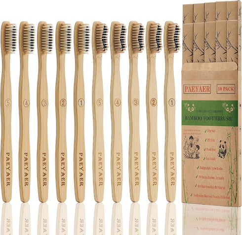 10 Count Bamboo Toothbrushes (Soft + Medium) - Charcoal Natural Wood Toothbrushes, Reusable