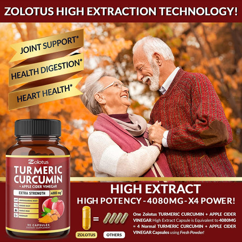 7 in 1 Turmeric Curcumin + Apple Cider Vinegar Capsules, 4080mg Equivalent, 3 Month Supply, Joint & Absorption Support