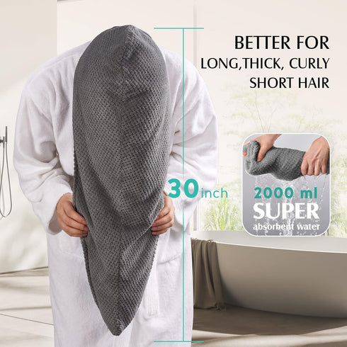 YFONG 3 Pack Large Microfiber Hair Towel Wrap, 30" x 10" Anti Frizz Quick Dry Hair Towels for Women Long, Curly, Thick Hair, Super Absorbent Hair Turban for Wet Hair (Grey, White, Camel) by YFONG