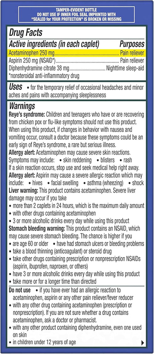 Excedrin PM Sleep Aid Caplets, Nighttime Headaches Relief, 100 Count