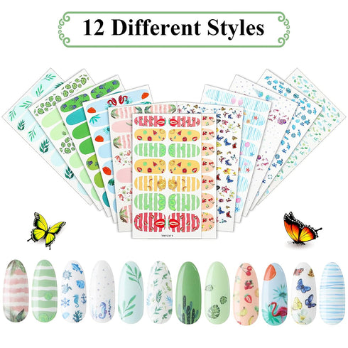 Maitys 168 Pieces Nail Strips, 12 Sheets Summer Full Wrap Nail Polish Stickers with File Manicure Kits for Women DIY