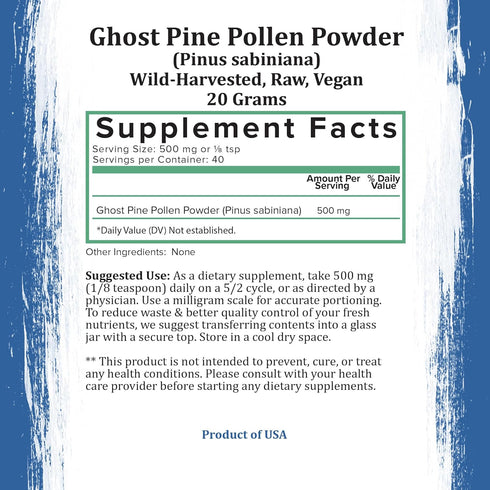 Organic Pine Pollen Powder, Wild Harvested, Golden California Pine Pollen, Non-GMO, 20 g Pure Supplement