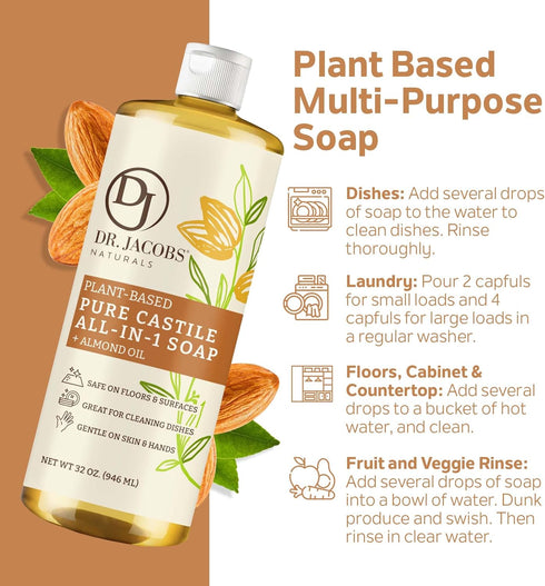 Dr. Jacobs Naturals Almond Castile All-In-One Cleaner and Soap, Plant-Based Formula for House Cleaning (32 Fl Oz, 2