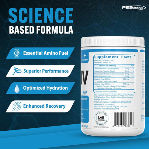 PEScience Amino IV BCAA & EAA Powder, Sour Green Apple, 60 Scoop, Sugar Free for Hydration and Muscle Recovery