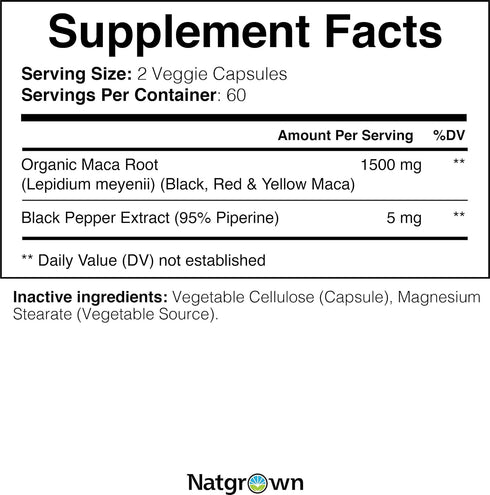 Natgrown Organic Maca Root Powder Capsules, 1500 mg with Black, Red, Yellow Peruvian Maca Extract